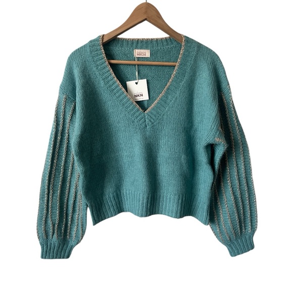 NKN Nekane Meli Aqua Gold Lurex V-Neck Wool Blend Sweater Small/ Medium NWT - Picture 3 of 8